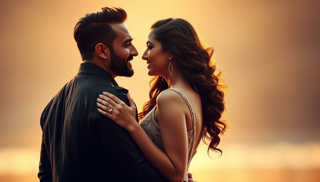 A romantic, cinematic portrait of Bollywood's most beloved couple, Saif Ali Khan and Kareena Kapoor, against a softly-lit, dreamlike backdrop. Saif gazes adoringly at Kareena, who returns his affectionate gaze, their bodies angled towards each other in an intimate pose. Warm, golden lighting illuminates their faces, casting a glowing, ethereal quality. The background is a blurred, hazy scene, suggesting a tranquil, secluded setting that heightens the sense of their private, tender moment. The overall mood is one of deep love and connection, capturing the essence of their enduring relationship.