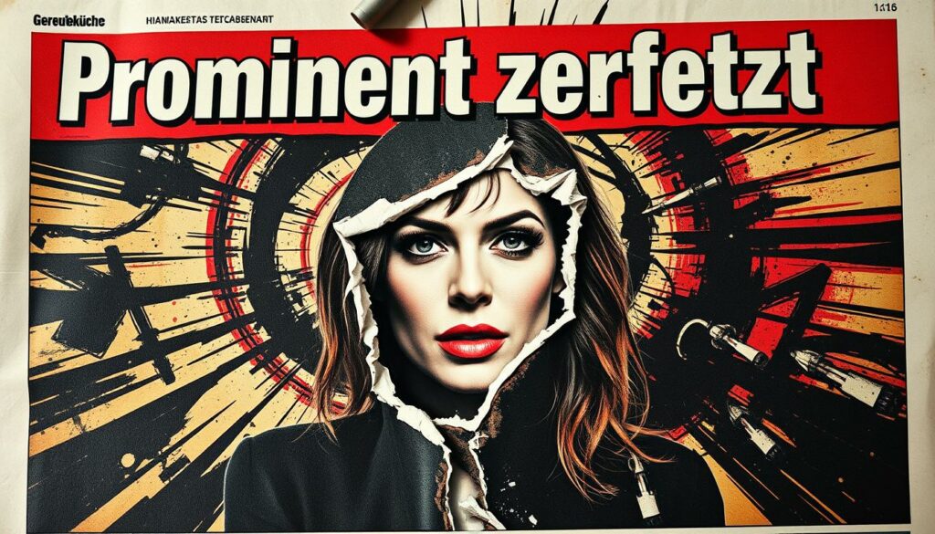 A sensational tabloid cover with a gripping headline "Prominent zerfetzt" set against a backdrop of bold, dynamic graphics. In the foreground, a tattered and shredded celebrity portrait takes center stage, hinting at the scandalous subject matter. The middle ground features dramatic lighting, casting ominous shadows and highlights the torn and distressed elements. In the background, a swirling vortex of abstract shapes and textures creates an atmosphere of chaos and intrigue, reflecting the "Gerüchteküche" theme. The overall composition exudes a sense of high-stakes drama and sensationalism, perfectly capturing the essence of the article's subject matter.