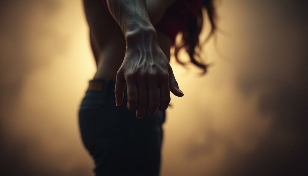 A sensual, atmospheric scene of an intimate, dramatic moment between two lovers. In the foreground, a close-up of their interlocked hands, fingers caressing, conveying a palpable yearning and tension. In the middle ground, the figures' bodies are partially obscured, creating a sense of voyeurism and mystery. The background is softly blurred, a hazy, dreamlike setting with muted, warm lighting that casts a sensual, romantic glow. The overall mood is one of smoldering passion, raw emotion, and emotional depth, reflecting the "erotisches Drama" at the heart of the narrative.