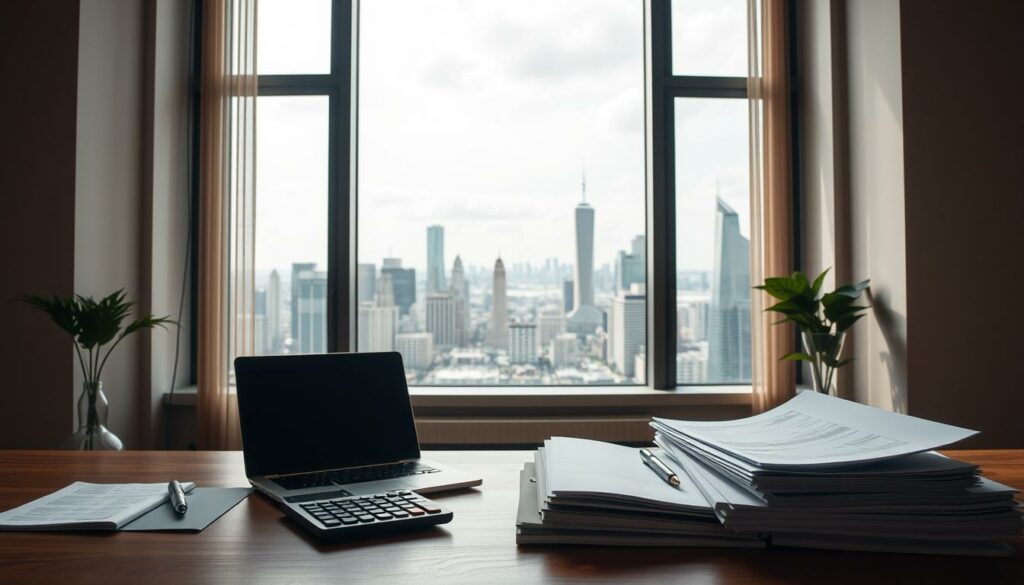 A serene and tranquil scene of financial success. In the foreground, a neatly organized workspace with a laptop, calculator, and stack of documents, conveying a sense of order and productivity. In the middle ground, a large window overlooking a bustling city skyline, symbolizing the individual's achievement and connection to the broader economic landscape. The lighting is soft and natural, casting a warm, golden glow across the scene. The overall atmosphere is one of calm, confidence, and a sense of personal and professional fulfillment. The composition is balanced and aesthetically pleasing, inviting the viewer to contemplate the nuances of financial success and its societal implications.