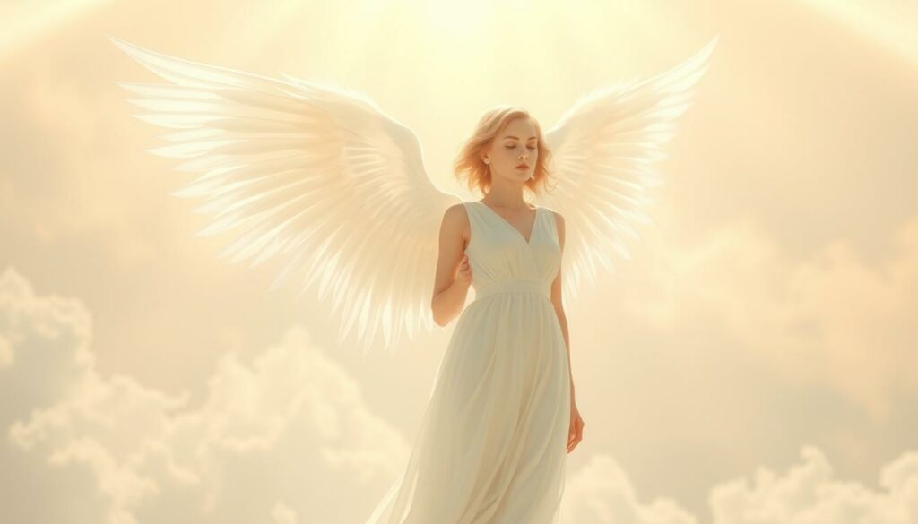 A serene, ethereal angel standing in a heavenly realm, its elegant form bathed in soft, diffused light from above. The angel's face is tranquil and benevolent, with delicate features and a serene expression. Gossamer wings unfurl gracefully from the being's back, their feathers shimmering with an otherworldly luminescence. The background is a peaceful, celestial landscape, with wispy clouds and a hazy, golden glow pervading the scene. The overall mood is one of reverence, divinity, and a sense of the sublime.