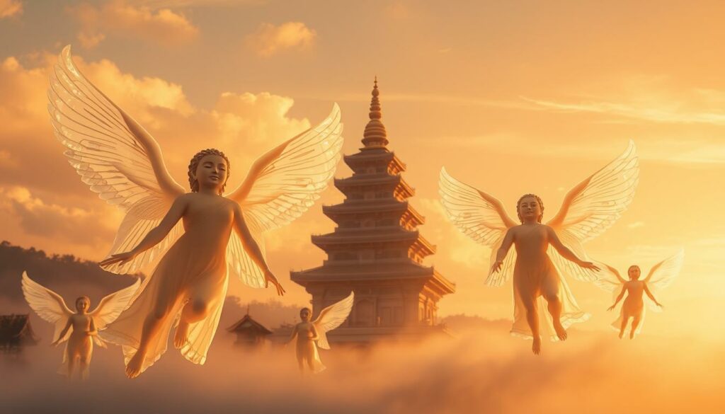 A serene, ethereal landscape bathed in warm, golden light. In the foreground, a group of tranquil, celestial beings hover gracefully, their ethereal forms emanating a sense of divine presence. Delicate, translucent wings shimmer, casting a soft, hazy glow. Expressions of profound wisdom and compassion adorn their features, conveying a deep connection to the spiritual realm. In the middle ground, a majestic, ornate temple rises, its intricate architecture a testament to the reverence for the divine. The background features a dreamlike, pastel-hued sky, with wispy clouds parting to reveal a glimpse of the heavens. The overall scene evokes a sense of transcendence, inviting the viewer to contemplate the significance of these celestial beings in Eastern religious traditions.