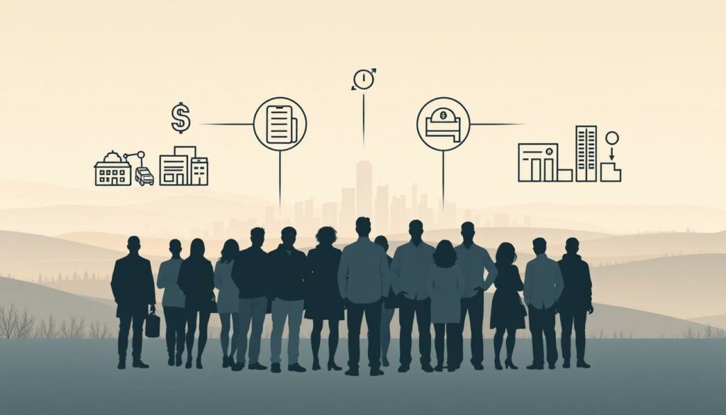 A serene, minimalist landscape depicting the key factors driving the rise in Bürgergeld costs. In the foreground, a group of diverse individuals, representing the growing number of Bürgergeld recipients, stand against a backdrop of stylized icons symbolizing economic challenges such as inflation, unemployment, and social inequality. The middle ground features a city skyline, hinting at the urbanization and shifting job market contributing to the increased demand for social assistance. In the distance, rolling hills and a soft, diffused light create a contemplative atmosphere, inviting the viewer to ponder the complex socioeconomic forces at play. The composition is clean and balanced, with a subtle color palette that conveys a sense of stability and thoughtfulness.