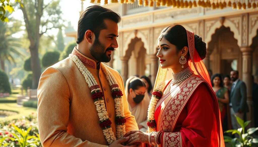 A serene, sun-dappled wedding ceremony set against the majestic backdrop of an opulent palace. Saif Ali Khan, the dashing Bollywood icon, stands beside his radiant bride Kareena Kapoor, their eyes locked in a timeless gaze. Elegant saris and ornate jewelry glisten in the soft light as the couple exchange vows, surrounded by a sea of well-wishers. The lush, verdant gardens provide a stunning natural frame, complemented by the ornate architectural details of the palatial setting. Warm, romantic tones suffuse the scene, capturing the joyous union of these two beloved stars as they embark on a new chapter of their lives together.