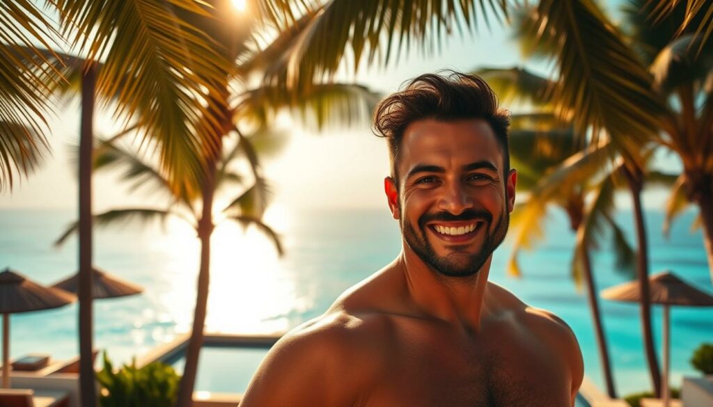 A serene tropical paradise, swaying palm trees framing a sun-dappled villa. In the foreground, a smiling reality TV personality, Chico, exudes confidence and charm, dressed in stylish beachwear. Midground, a stunning oceanscape with azure waters and pristine white sand. Backlighting from the golden sunset casts a warm, cinematic glow over the scene. The composition emphasizes Chico's carefree, glamorous lifestyle, blending the luxuries of Dubai and the idyllic setting of "Promis unter Palmen." Moody and atmospheric, the image captures the essence of Chico's journey from lottery millionaire to prominent social media influencer and TV personality.
