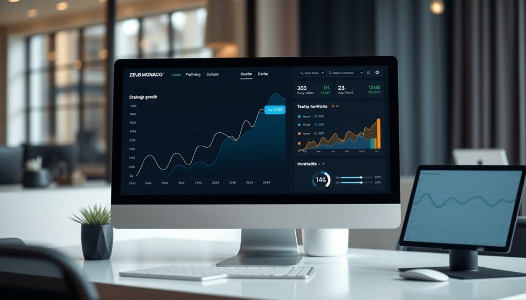 A sleek, modern financial investment portfolio dashboard displayed on a high-resolution computer screen. The foreground features an elegant graph charting the strategic growth of Zeus Monaco's investments, rendered in a minimalist yet sophisticated color palette. The middle ground showcases a polished user interface with clean typography and intuitive data visualizations, conveying a sense of precision and control. In the background, a subtle bokeh effect highlights the refined aesthetics of the tech setup, with a hint of the luxurious lifestyle that accompanies Zeus Monaco's financial success. The overall mood is one of confident professionalism, financial acumen, and a commitment to strategic long-term investing.