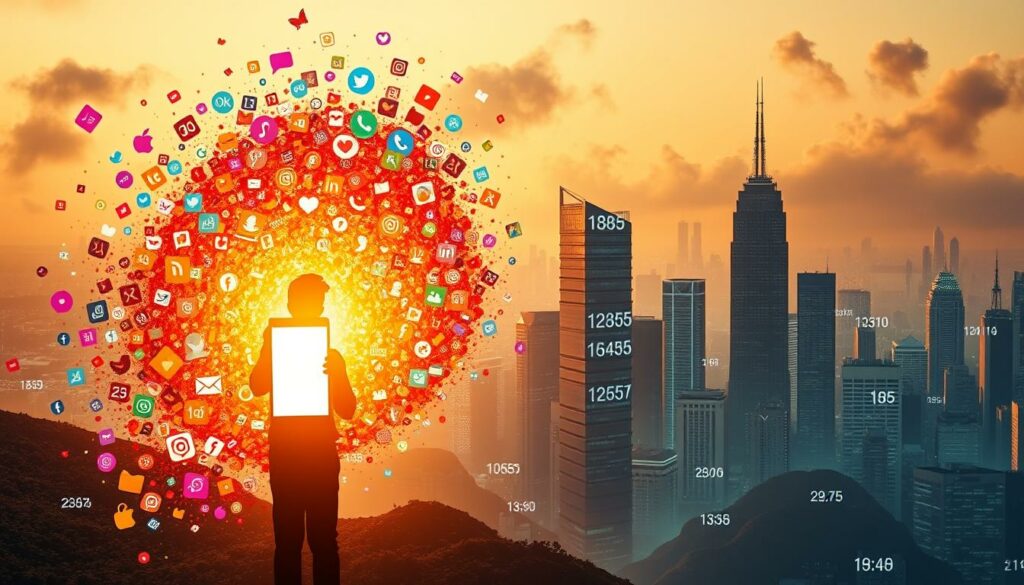 A social media-inspired landscape, bathed in a warm, golden glow. In the foreground, a central figure stands tall, their face obscured by a glowing smartphone screen, symbolizing the obsession with online popularity. Surrounding them, a swirling vortex of colorful, abstract social media icons, likes, and shares, creating a sense of overwhelming digital influence. In the middle ground, a towering stack of smartphones, each one displaying a different number of followers, likes, and comments, reflecting the constant pursuit of increased online presence. The background is a hazy, dreamlike cityscape, with skyscrapers made of smartphone screens and clouds of digital data swirling in the sky, conveying the pervasive nature of social media in modern life.