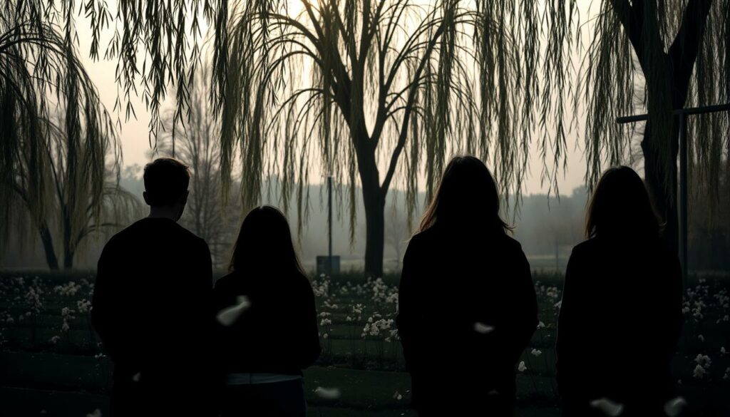 A somber memorial garden, soft light filtering through weeping willows. In the foreground, four silhouetted figures of young people, faces obscured, frozen in a moment of quiet reflection. The middle ground features delicate flowers, petals dancing on a gentle breeze, a tribute to lives lost too soon. The background is a subdued, muted landscape, conveying a sense of melancholy and reverence. Muted colors, a sense of stillness and solemnity, as if time has paused to honor the Jugendliche Opfer Bergisch Gladbach.