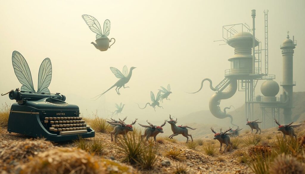 A surreal dreamscape where eccentric ideas take physical form. In the foreground, a whimsical amalgamation of everyday objects - a typewriter with butterfly wings, a floating teacup, a paintbrush twisting into a spiral. In the middle ground, bizarre hybrid creatures roam - part animal, part machine, their movements fluid and unpredictable. The background is a hazy, pastel-hued landscape, dotted with fantastical structures that defy gravity, their architectural lines blending seamlessly with the natural environment. Soft, diffused lighting casts a sense of ethereal wonder, while a subtle color palette of muted greens, pinks, and blues evokes a sense of tranquility and introspection. The overall mood is one of playful imagination, where the boundaries of the ordinary are pushed and the seemingly impossible becomes tangible.