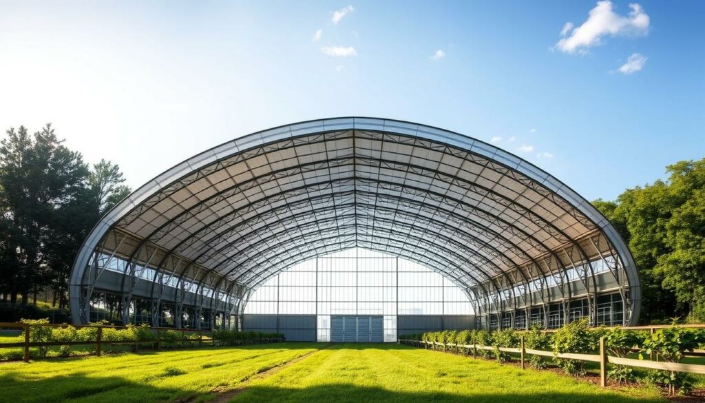 A vast, airy structure of arched windows and sturdy steel frames, the Rundbogenhallen stands tall against a backdrop of lush greenery. Sunlight streams through the curved glass panes, casting a warm, welcoming glow over the spacious interior. The structure's rounded silhouette and harmonious proportions evoke a sense of timeless elegance, blending seamlessly with the pastoral landscape. Carefully engineered to withstand the elements, this mobile hall offers ample protection and flexibility for the modern farmer, its adaptable design catering to a variety of agricultural needs. A testament to innovative engineering and thoughtful design, the Rundbogenhallen embodies the best of form and function, providing a versatile and practical solution for the discerning landowner.
