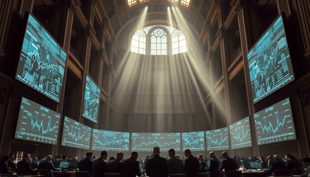 A vast, cavernous banking hall, its soaring ceilings and ornate columns casting long shadows. In the foreground, executives in crisp suits huddle around a conference table, deep in discussion. Behind them, towering screens display intricate financial charts and graphs, casting an ethereal glow. The mood is pensive, the atmosphere charged with the weight of unfinished reforms and the looming specter of the Euro crisis. Shafts of light filter in through stained-glass windows, illuminating the scene with a sense of gravitas and unease. The camera angle is slightly elevated, capturing the grandeur and complexity of this unresolved financial landscape.