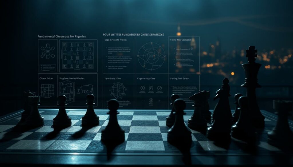 A visually striking illustration of chess strategies for beginners, set against a dimly lit, atmospheric backdrop. In the foreground, a chess board with intricately detailed pieces engaged in a strategic dance, their shadows casting long, dramatic lines across the board. In the middle ground, a series of chessboard diagrams and tactical visualizations, providing a step-by-step guide to fundamental chess strategies. In the background, a softly glowing cityscape, hinting at the intellectual challenge and competitive nature of the game. The lighting is moody and cinematic, with deep shadows and highlights that emphasize the cerebral nature of chess. The overall mood is one of contemplation, strategy, and the pursuit of mastery.
