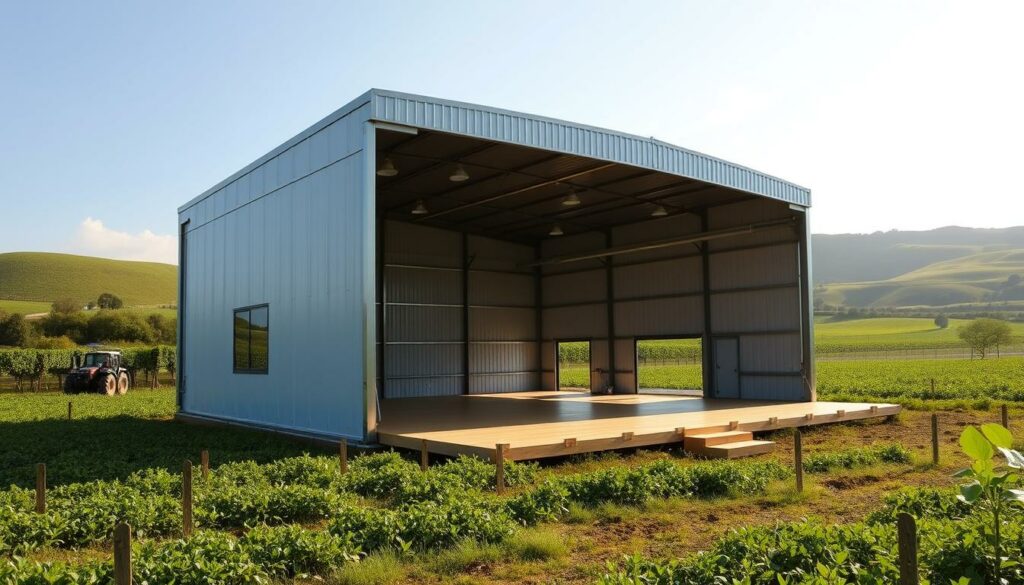 A well-lit, high-resolution wide-angle photograph of a versatile, sturdy mobile hall structure in a rural countryside setting. The hall is positioned in an open field, surrounded by lush green vegetation and rolling hills in the background. The structure features a sleek, modern design with a tall, spacious interior and large windows that allow ample natural light to filter in. The hall's adaptable configuration and mobility are emphasized, showcasing its potential uses for various agricultural applications such as equipment storage, crop processing, or temporary shelter. The overall atmosphere conveys a sense of practical functionality seamlessly integrated into a picturesque, idyllic landscape.