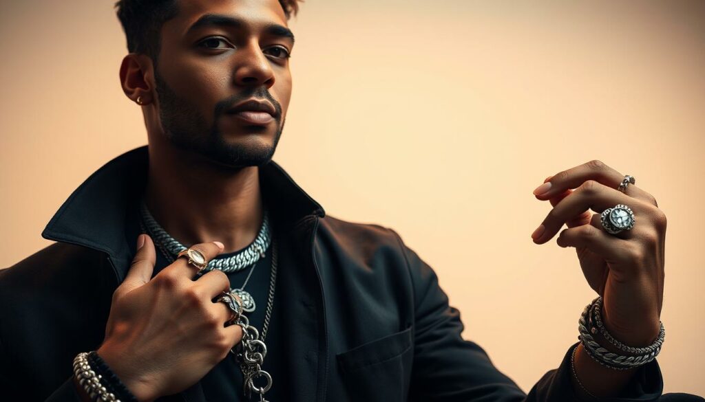 A well-styled man casually posing, showcasing a diverse collection of modern fashion jewelry. Warm overhead lighting highlights the intricate textures and metallic sheen of necklaces, bracelets, and rings adorning his hands and wrists. The background is a minimalist studio setting with clean, neutral tones, allowing the jewelry to take center stage. The overall composition conveys a sense of effortless sophistication, inspiring the viewer to experiment with accessorizing their own outfits in unique and stylish ways.