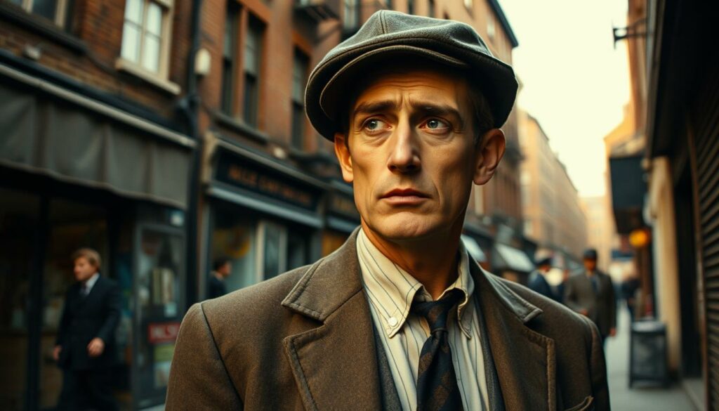 A young Terence Stamp in the gritty, working-class streets of London's East End, dressed in a well-worn suit and cap, a pensive expression on his face as he gazes off-camera. The scene is rendered in rich, muted tones, with the warm, natural light casting soft shadows across his features, hinting at the raw talent and unbridled potential that would soon propel him to stardom. The background is a tapestry of brick buildings, weathered shop fronts, and the hustle and bustle of everyday life, setting the stage for his breakthrough into the world of acting. A young Terence Stamp in the gritty, working-class streets of London's East End, dressed in a well-worn suit and cap, a pensive expression on his face as he gazes off-camera. The scene is rendered in rich, muted tones, with the warm, natural light casting soft shadows across his features, hinting at the raw talent and unbridled potential that would soon propel him to stardom. The background is a tapestry of brick buildings, weathered shop fronts, and the hustle and bustle of everyday life, setting the stage for his breakthrough into the world of acting.