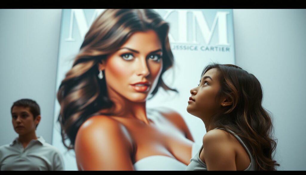 A young female fan gazing admiringly at a larger-than-life image of Jessica Carter, the iconic Maxim cover girl. The fan stands in the foreground, her eyes wide with awe and a hint of excitement. The middle ground features the towering, glamorously posed image of Jessica, her confident expression and striking features commanding attention. The background is softly blurred, drawing the viewer's focus to the interaction between the fan and her idol. The lighting is soft and flattering, creating a dreamlike, aspirational atmosphere. The composition emphasizes the power of celebrity influence and the profound impact Jessica Carter has on her young, impressionable audience.