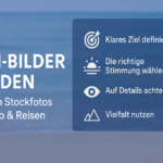 Infografik „Ferien-Bilder finden“ mit Strandmotiv und Tipps zur Auswahl von Stockfotos für Urlaub und Reisen.