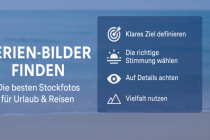 Infografik „Ferien-Bilder finden“ mit Strandmotiv und Tipps zur Auswahl von Stockfotos für Urlaub und Reisen.