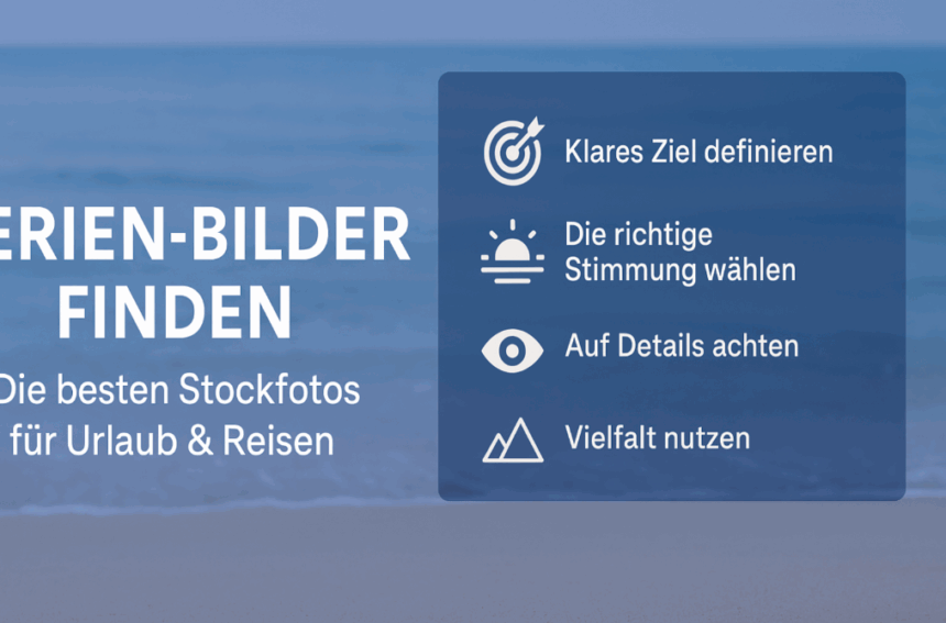 Infografik „Ferien-Bilder finden“ mit Strandmotiv und Tipps zur Auswahl von Stockfotos für Urlaub und Reisen.