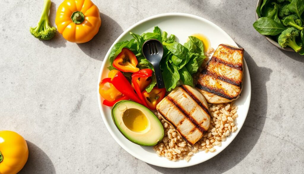Gesunde Mahlzeit mit viel Gemüse, Proteinen und gesunden Fetten