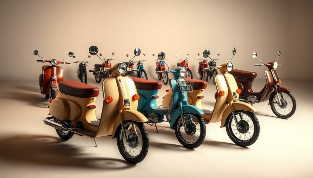 High-quality, detailed illustration of various Simson moped models, the iconic "cult moped" of East Germany, depicted in a classic, nostalgic style. Prominent in the foreground are several Simson models, such as the SR50, SR80, and Schwalbe, showcased in a well-lit studio setting with soft, warm lighting. In the middle ground, additional Simson models are arranged in an orderly display, highlighting their distinctive designs and features. The background features a simple, neutral backdrop, allowing the Simson mopeds to be the primary focus. The overall composition conveys a sense of reverence and appreciation for these beloved, retro-styled vehicles that have become a cultural icon in the former East Germany.