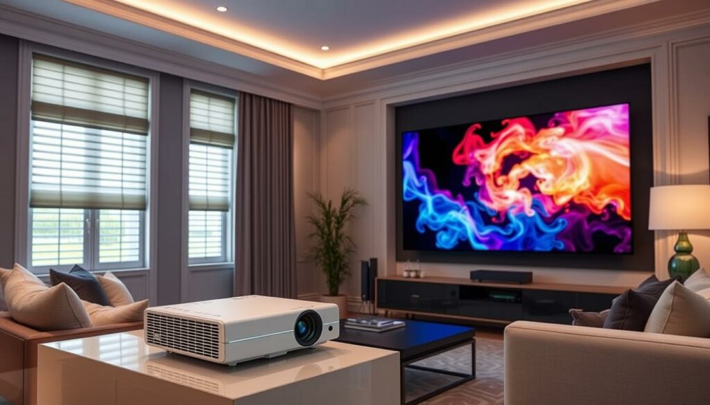 LG CineBeam HU710PW Hybrid-Beamer aus den Top 10 Beamer 2025 in einem eleganten Wohnzimmer