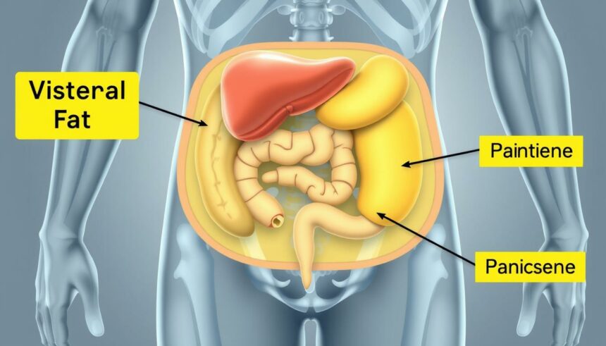 Querschnitt des Bauchraums mit viszeralem Fett um die Organe