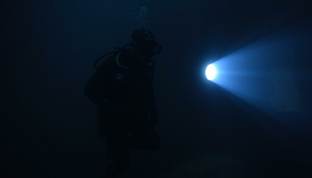 Underwater police divers in action, exploring a dark, murky lake in search of clues. The lead diver, clad in a wetsuit and diving gear, navigates the submerged environment with purpose, shining a powerful underwater flashlight to illuminate the depths. Visibility is low, the water cold and opaque, but the divers remain focused, their movements deliberate and cautious as they scour the lake bed for any sign of the missing person. The scene is tense, the mood somber, as the divers carry out their vital mission to aid the investigation.