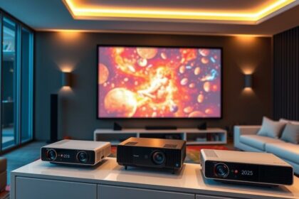 Verschiedene Top 10 Beamer 2025 Modelle in einem modernen Wohnzimmer aufgestellt