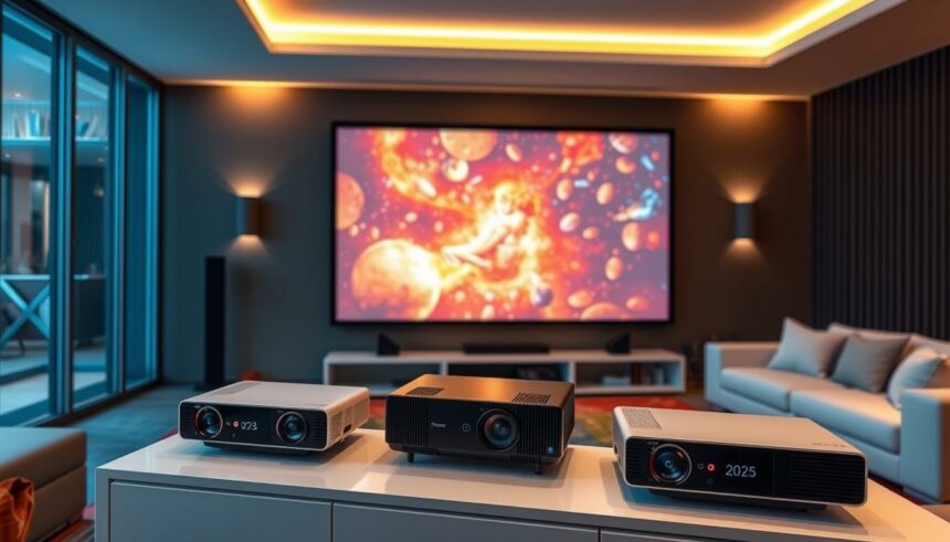 Verschiedene Top 10 Beamer 2025 Modelle in einem modernen Wohnzimmer aufgestellt
