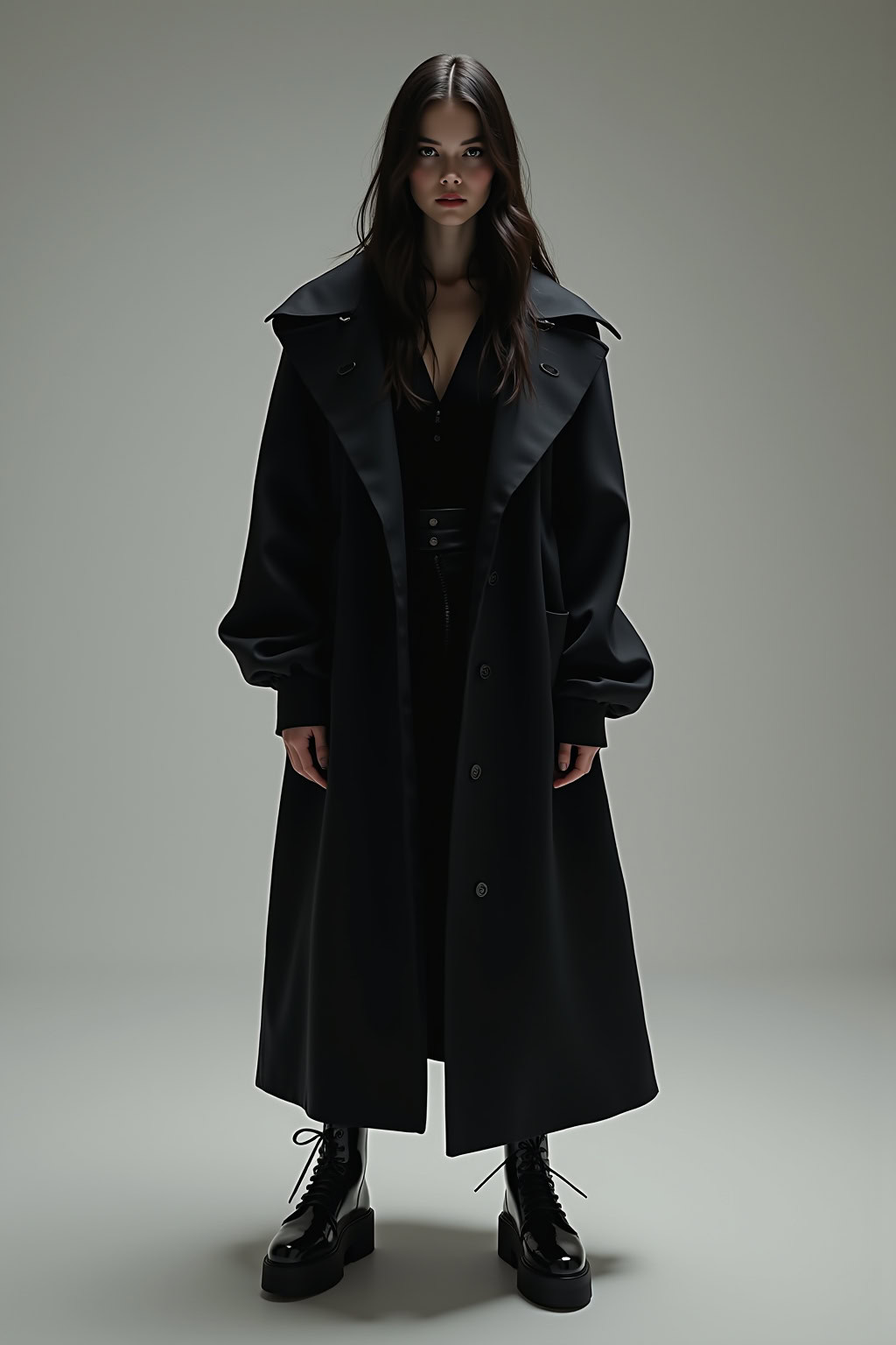 Stilvolle junge Frau in schwarzem Mantel und Streetwear, modebewusst fürs Magazin.