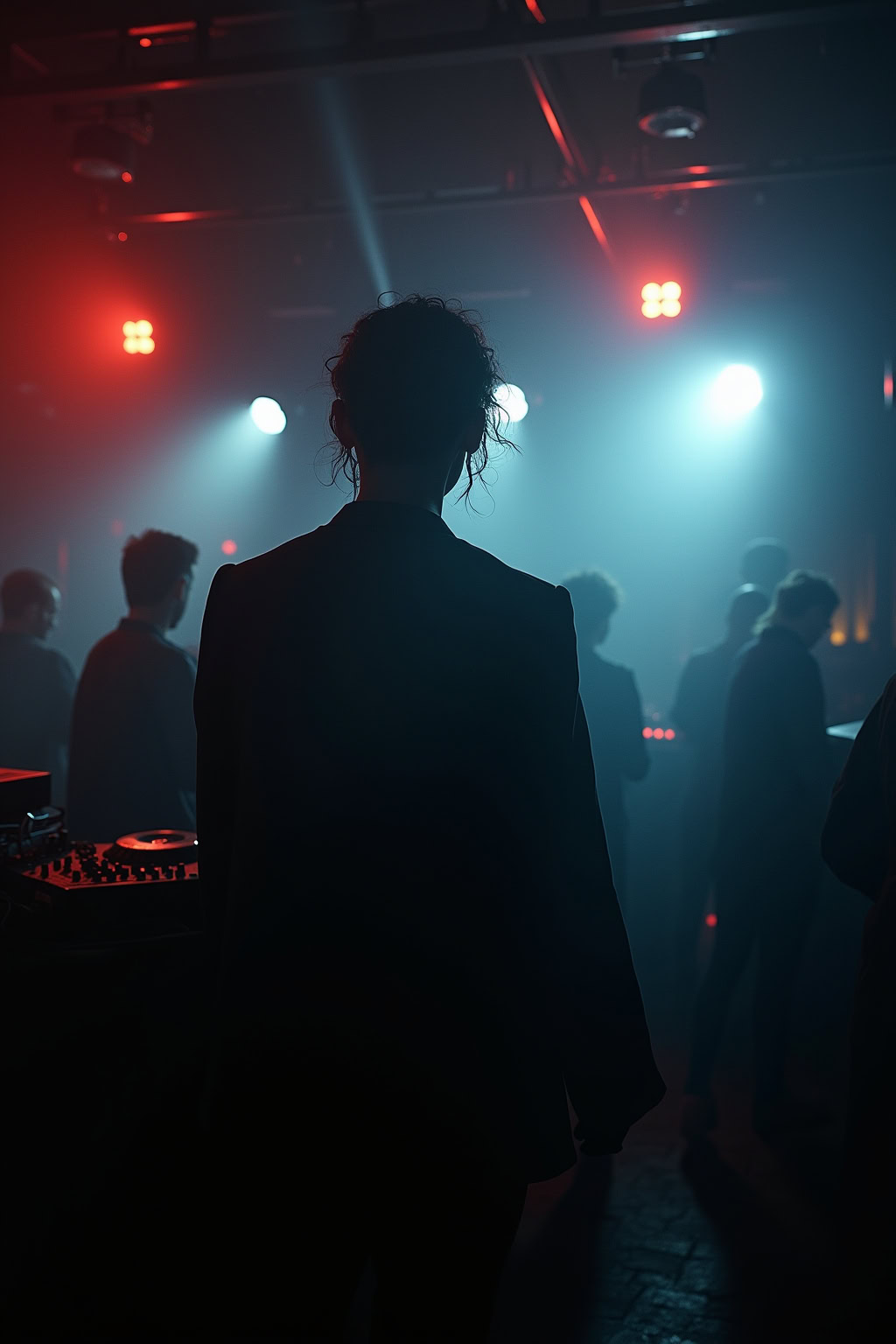 Lagerfeuer in der Nacht mit Menschen und roten Lichtern, Party-Atmosphäre.