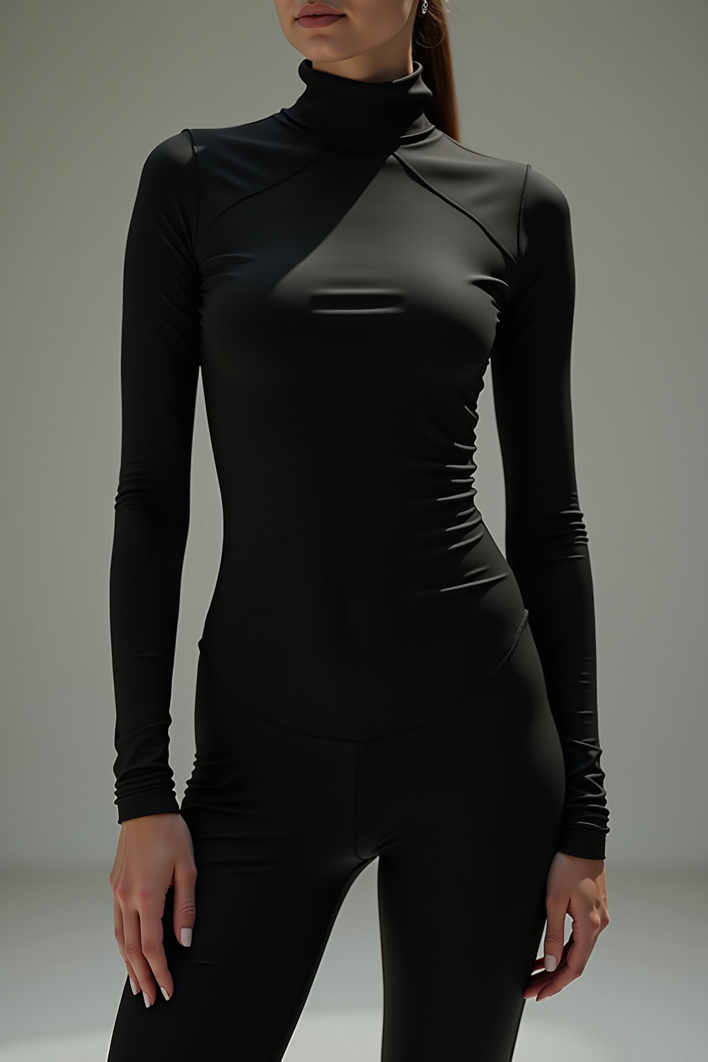 FHM Online Magazin, model in schwarzem, enganliegendem Sport-Outfit, stilvoll und sexy.