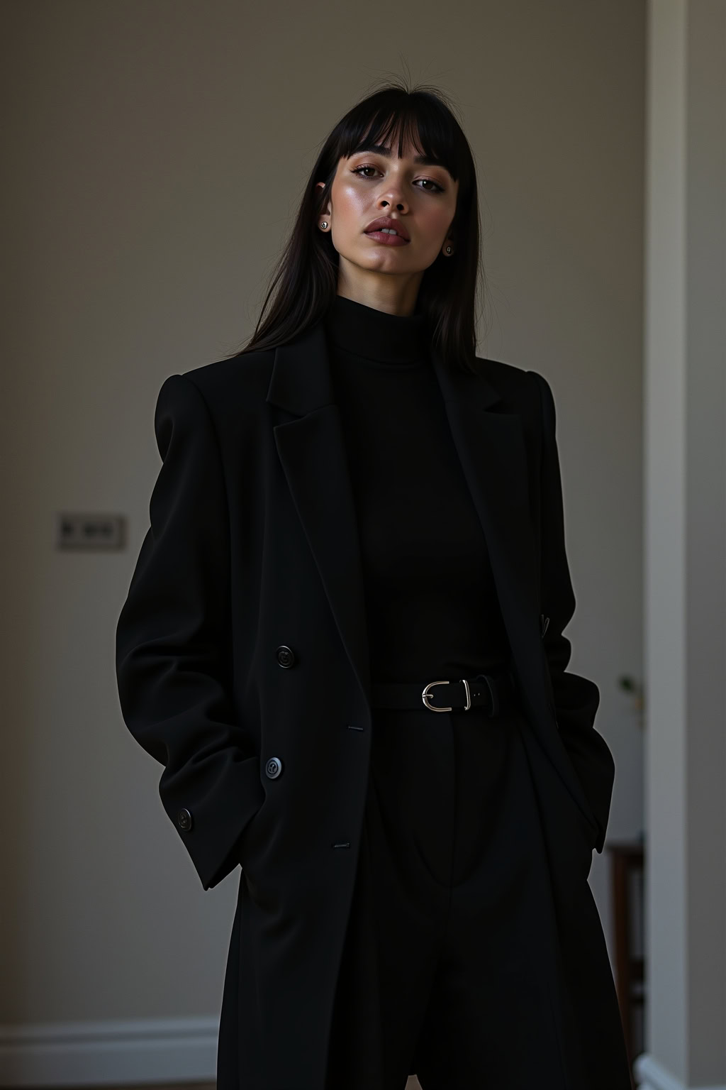 Stylische frau in schwarzem businessoutfit, elegant und selbstbewusst, moderne mode, fashion fotoshooting, fhm online magazin relevance.