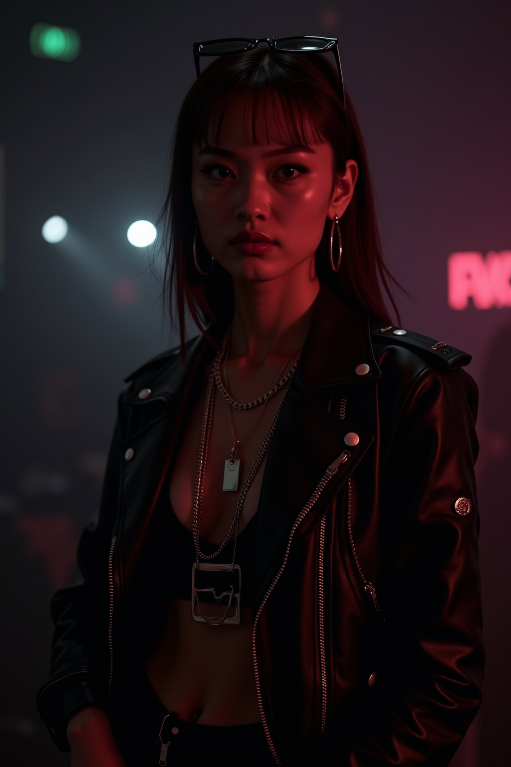 Dunkles Frauenportrait mit Mode im Neonlicht, Streetstyle, Rocker-Style bei nächtlicher Feier.