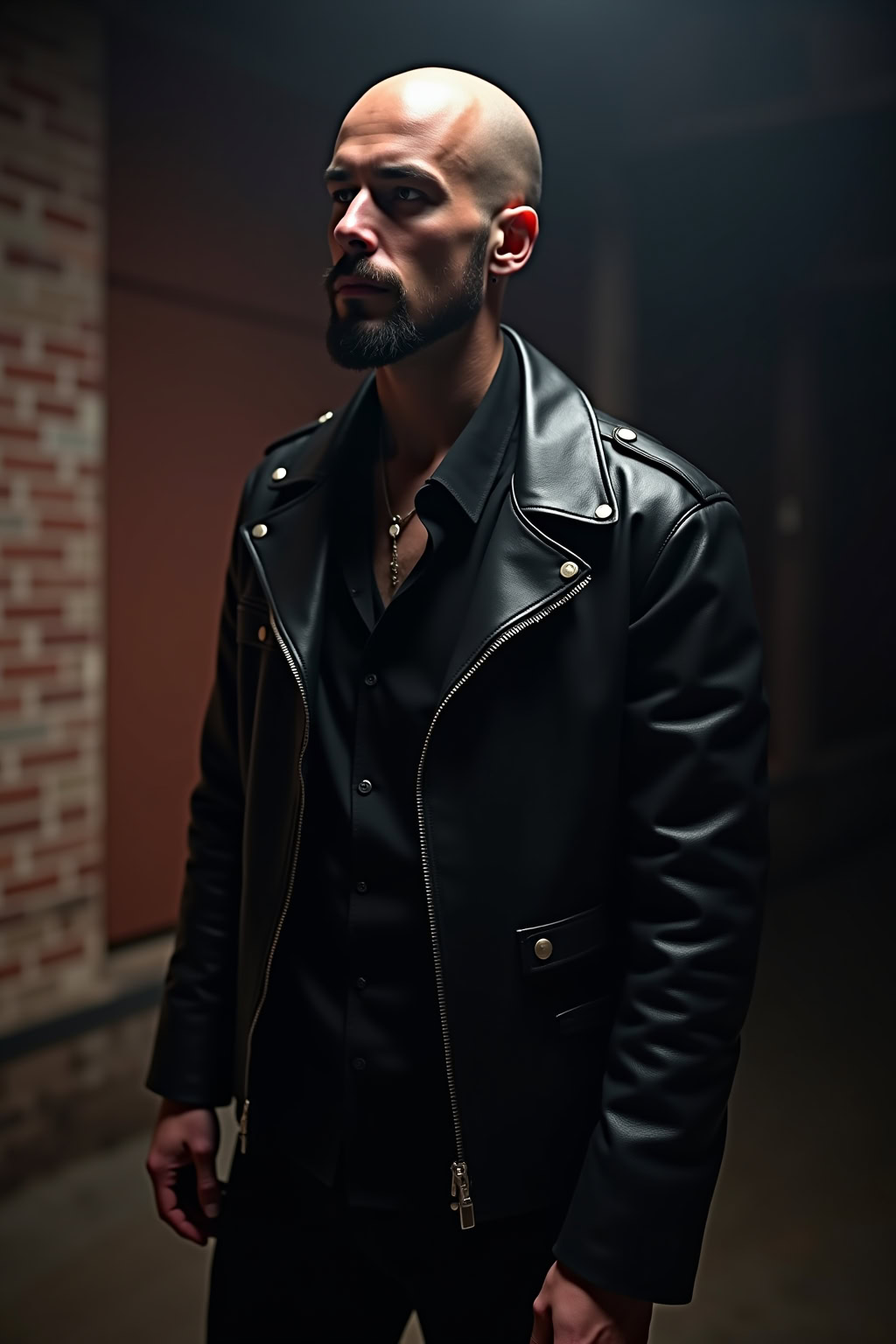 Stilvoller Mann in schwarzer Lederjacke und dunklem Outfit, urbanes Fashion-Foto.