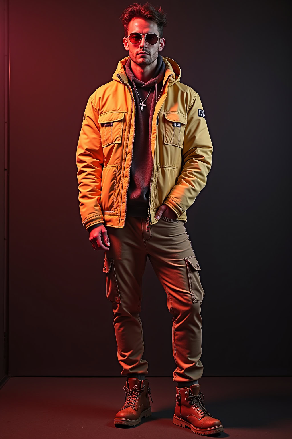 Stylischer junger Mann in Urbanskatermode mit Jacke, Cargo-Hose und Boots, Modetrends 2023.
