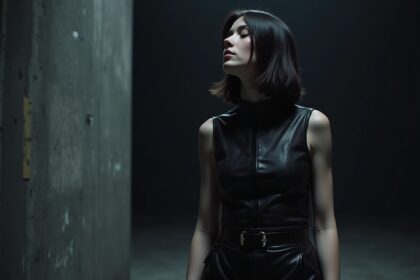 Modernes model mit schwarzen lederoutfit in dunkler umgebung, trendige fashion foto.