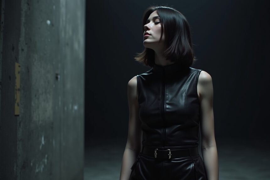 Modernes model mit schwarzen lederoutfit in dunkler umgebung, trendige fashion foto.