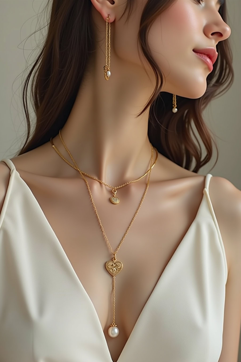 Schmuck, goldene Halsketten und Ohrringe mit Perlen, elegante Accessoires für Frauen.