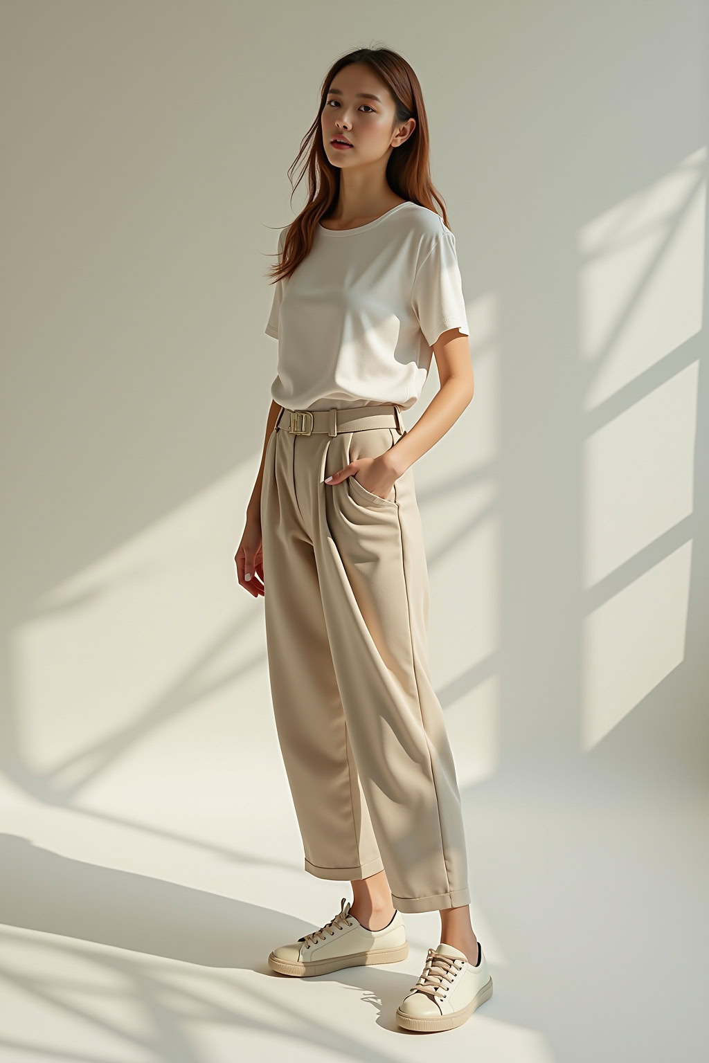 Stylische Frau in beige Hosen und weißem T-Shirt, moderner Casual Look, Mode und Style.