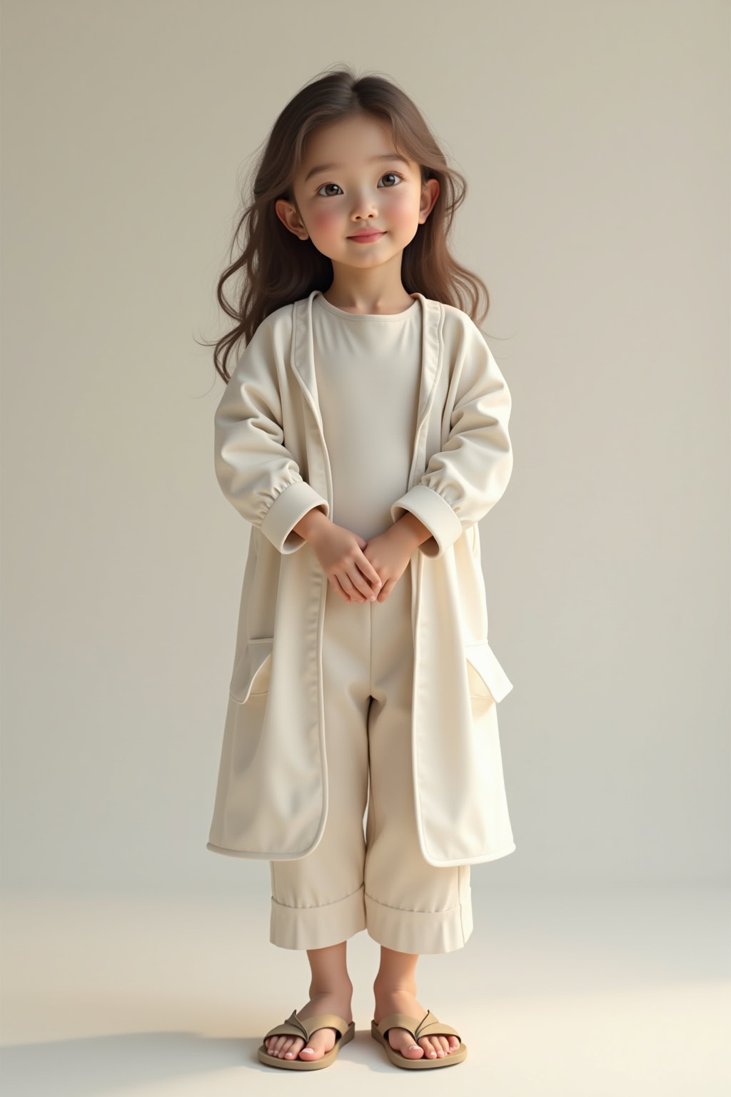 Kuschelige kindermode in cremefarbenem outfit mit jacket, t-shirt und Shorts, bequemes sommerlook für kleine modefans.