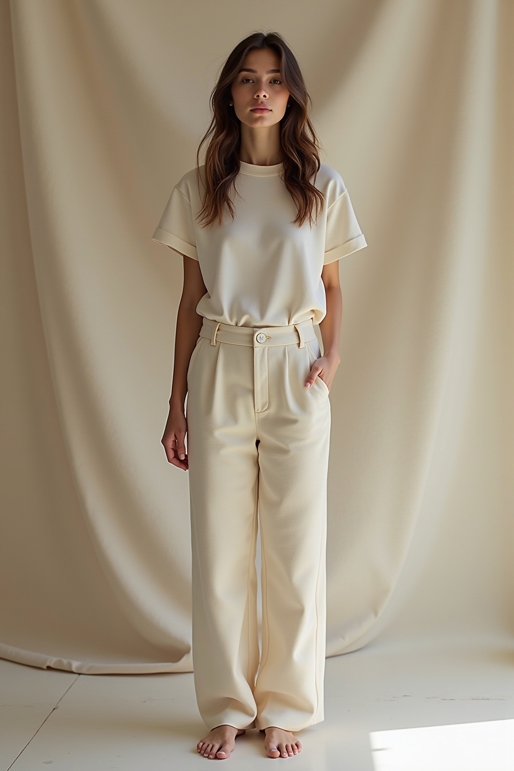 Stylisches Damenoutfit in Cremefarben bei FHM Online Magazin.