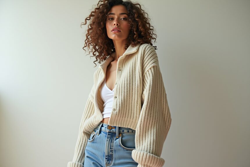 Stylische frau in grob gestrickter cardigan, casual mode, sommer outfit, natürliche eleganz, gelassenes model, mode inspiration, relaxed style.