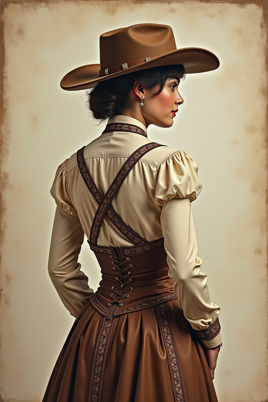 Elegante Frau im Western-Style mit Hut, Korsett und vintage Kleid, stilvolle Mode für Damen.
