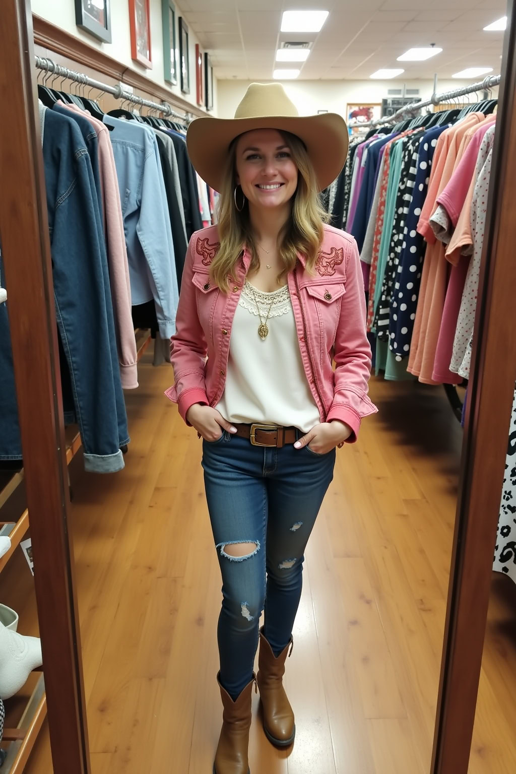 Stimmungsvolle Mode im Secondhand-Laden, casual Style mit Hüftjeans und Cowboy Boots.