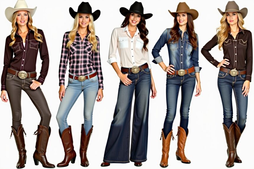 Western mode frauen, Cowboyhüte und Jeans, Cowgirl-Stil für Mode- und Lifestyle-Blog.