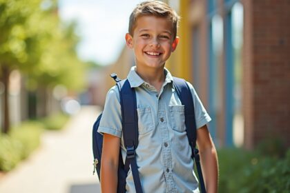 Junge Junge mit Schulrucksack, glücklich und selbstbewusst unterwegs.