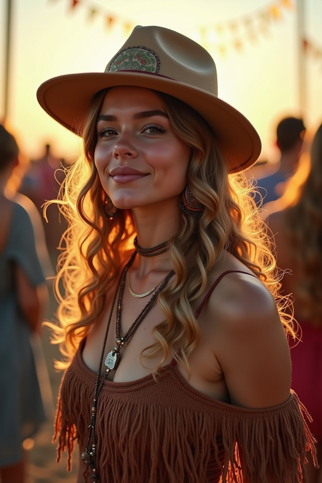 Sommerliche Frau im Festival-Outfit mit Kokosh hat, bei Sonnenuntergang in einem Open-Air-Event.
