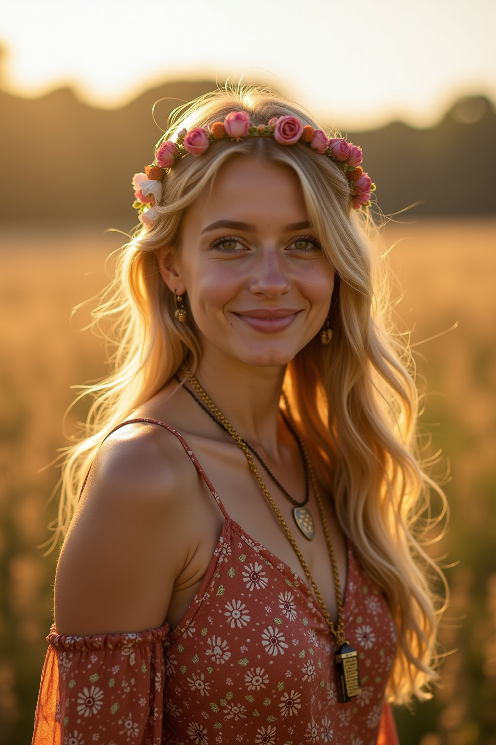 Schöne junge Frau mit blumenkranz, natürlicher Look, Sommer, fröhliches Lächeln, Wiesenhintergrund.